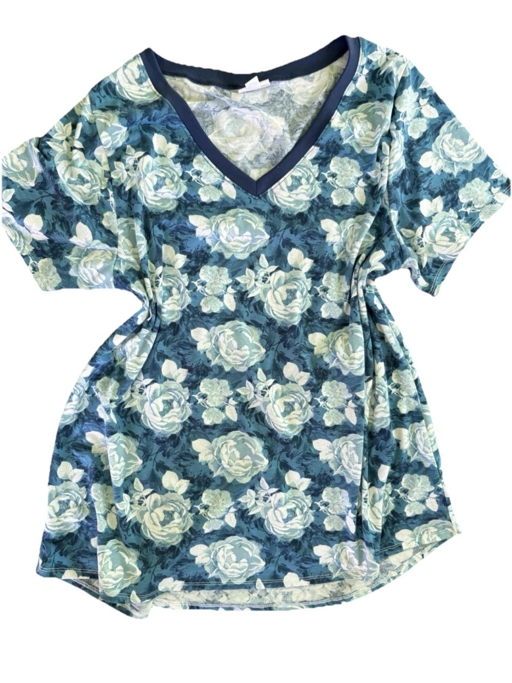 LuLaRoe Women's Floral Short Sleeve Comfy Tee Christy Tee Blue roses V Neck XL